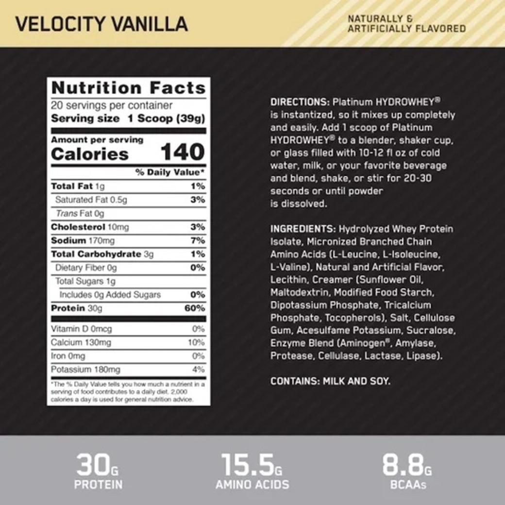 Optimum Nutrition Platinum Hydro Whey 800g (1.76 Lbs) - Velocity Vanilla