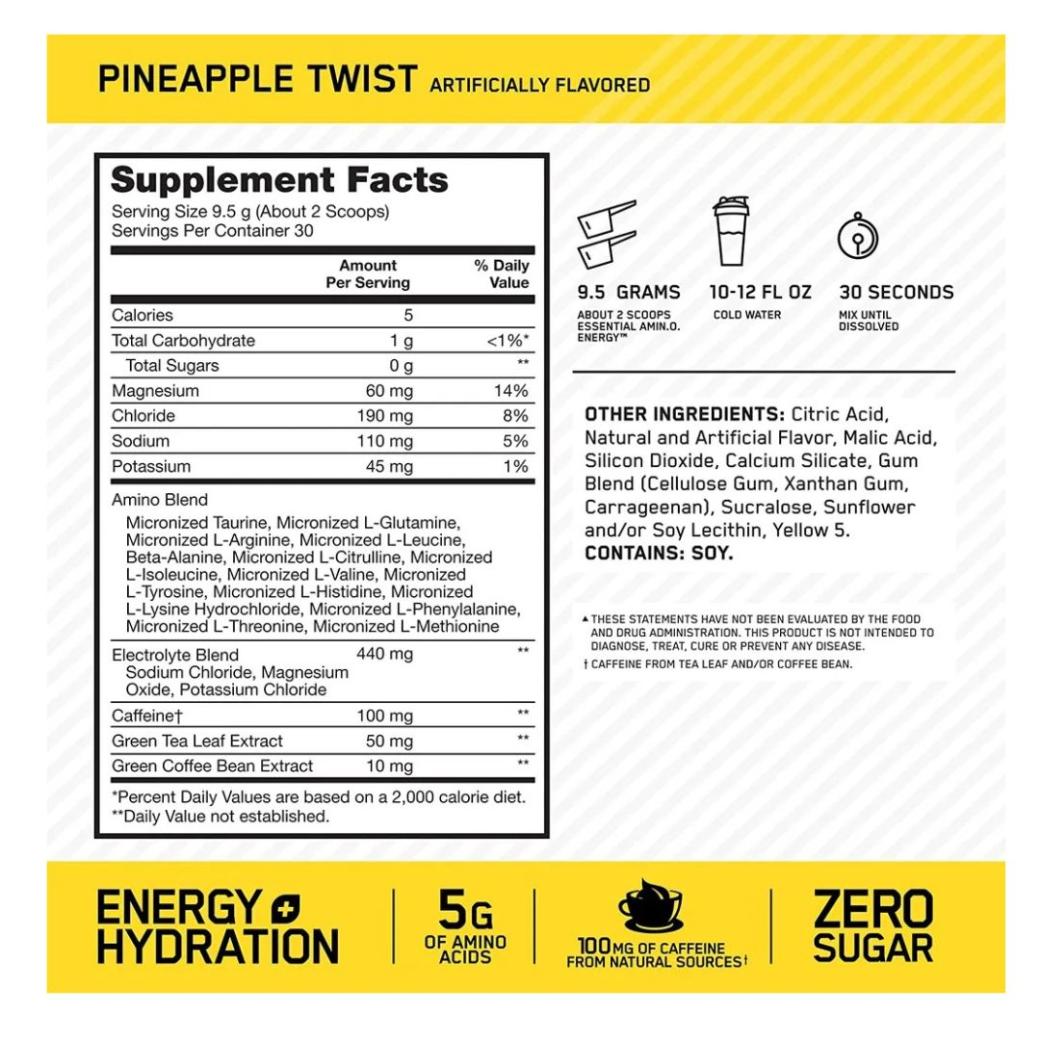 Optimum Nutrition Essential Amino Energy+Electrolytes(285g)- Pineapple Twist